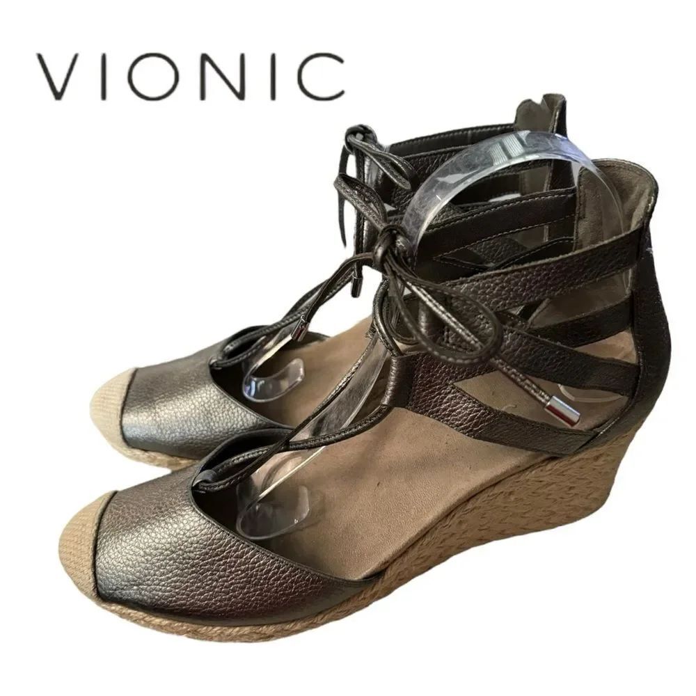VIONIC Women's Calypso Metallic Jute Wrapped Wedge Sandals 9